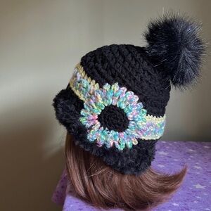 Black Crochet Hat with Multicolor Band and Pom Pom